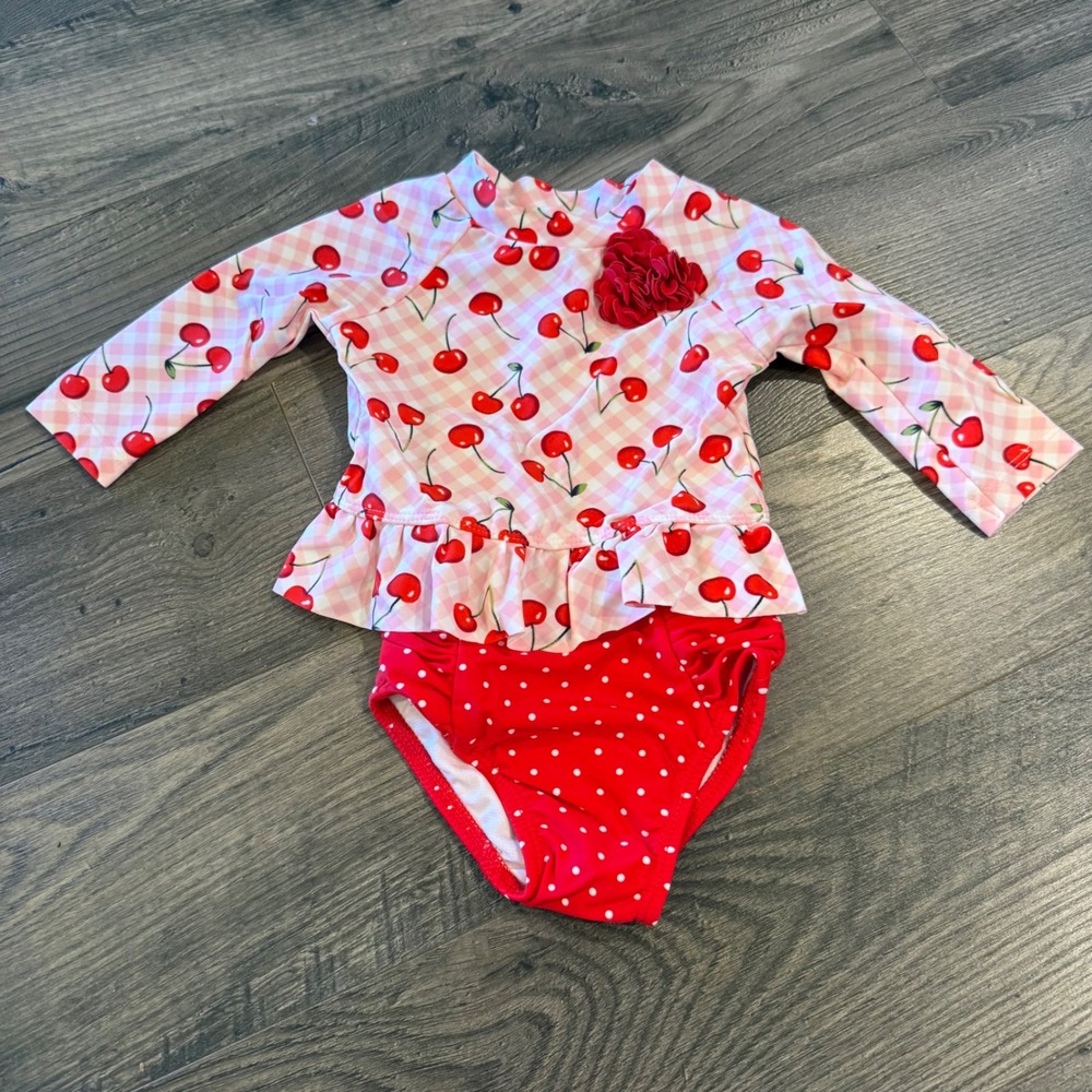 Little Me Baby Girl Cherry Gingham Rash Guard Swimsuit Set Pink Red 0-3 Months